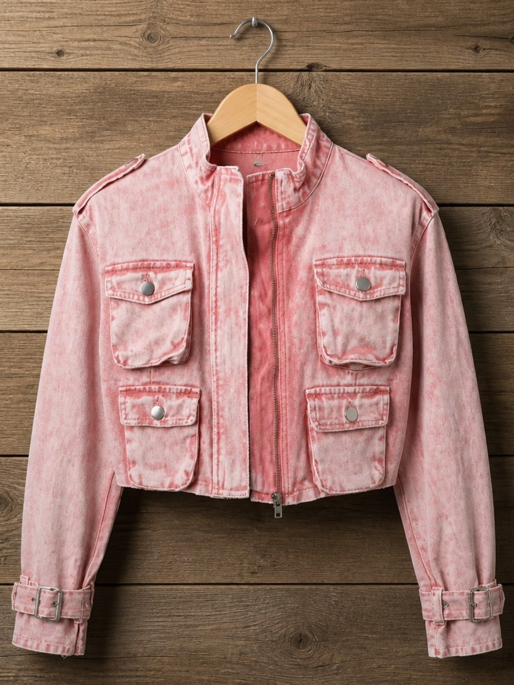 Fashion Nova Washed Pink Cropped Utility Jacket